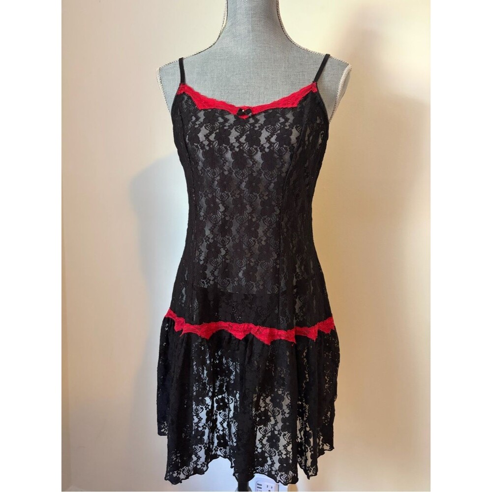 Vintage Gothic Black Sheer Lace Drop Waist Slip Dress with Red Trim